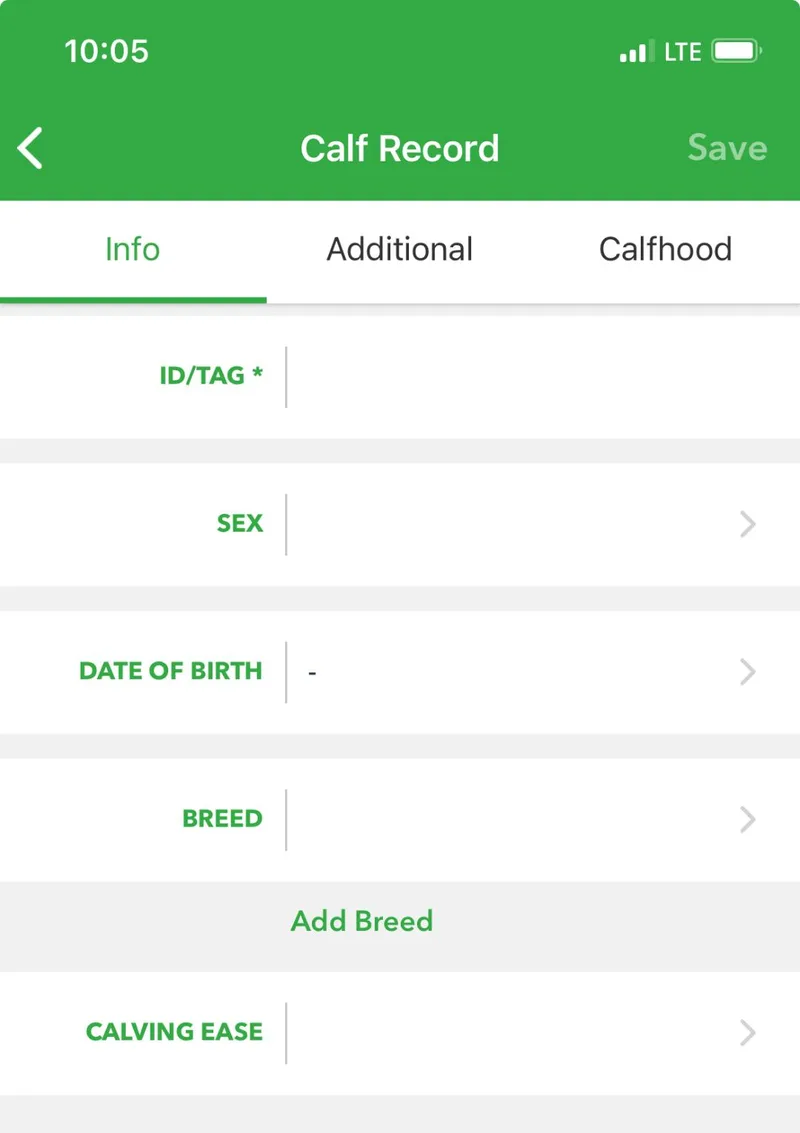 The Calf Record form with fields for ID/Tag, sex, date of birth, breed, and calving ease