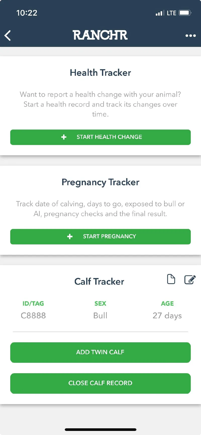 An animal's page with the Calf Tracker card showing calf C8888 and a Close Calf Record button