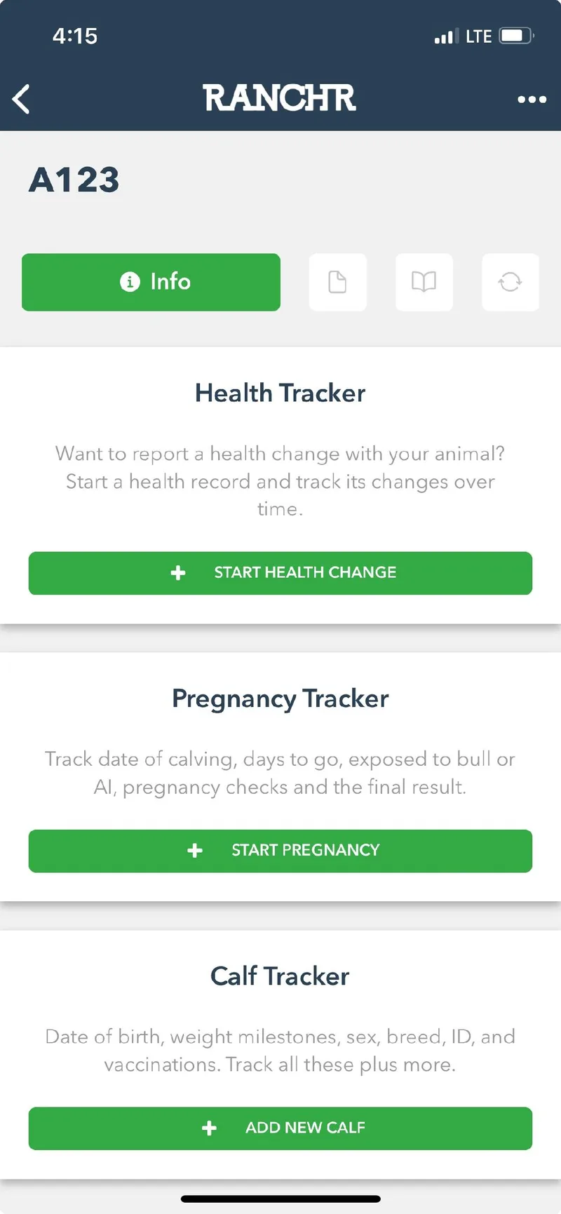 The page for animal A123 with the Health Tracker, Pregnancy Tracker, and Calf Tracker cards