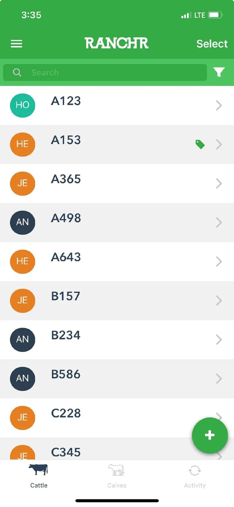 The Cattle page in the Ranchr mobile app, listing animals by ID/Tag with a green plus button in the corner