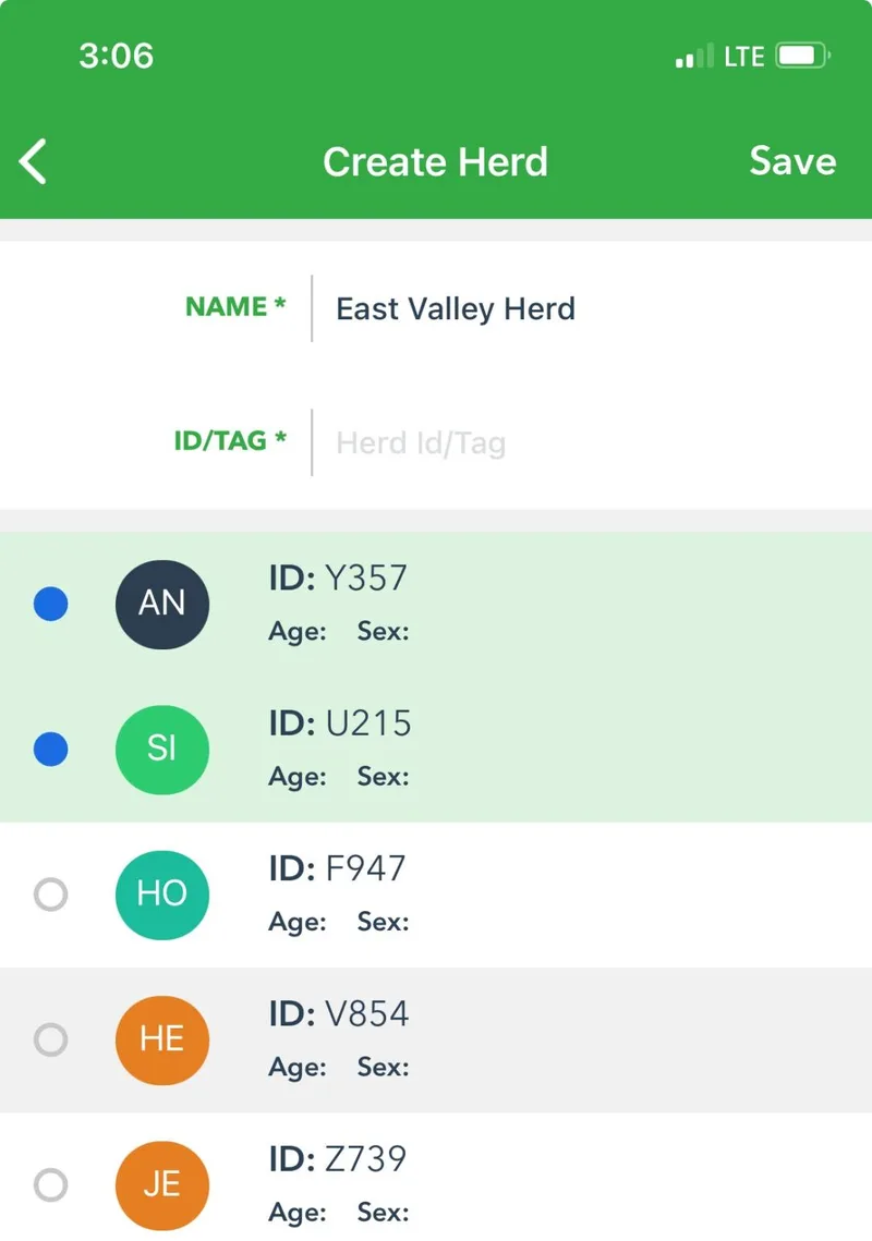 The Create Herd screen with a name field and a list of cattle to select