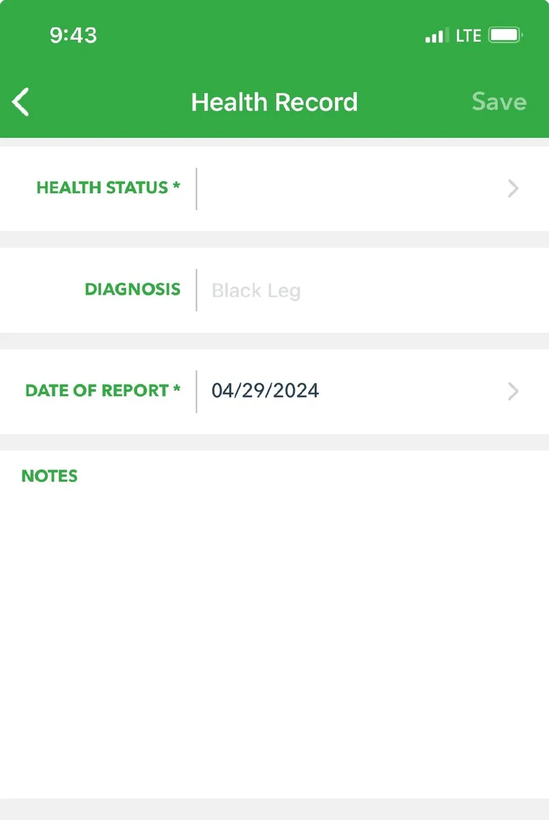 The Health Record form with fields for health status, diagnosis, date of report, and notes