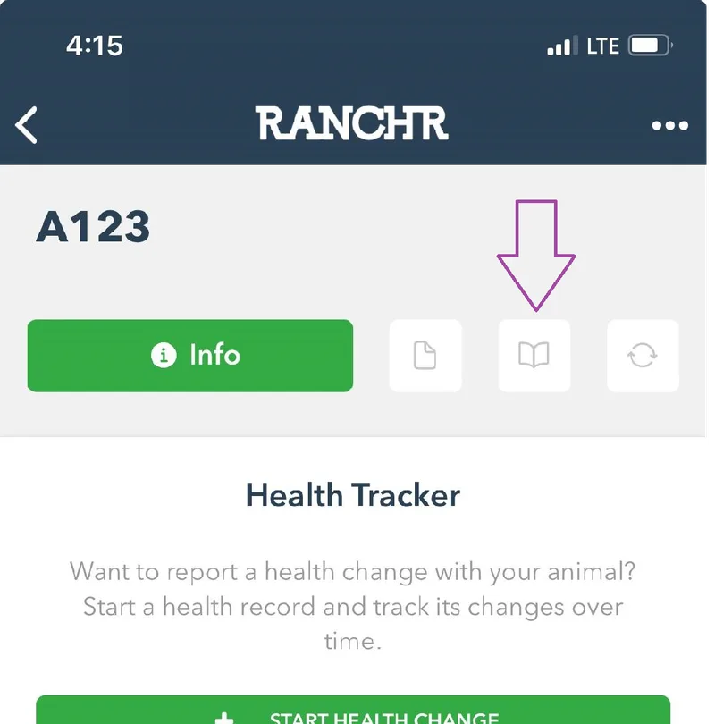 An animal's page with an arrow pointing to the book icon next to the Info button