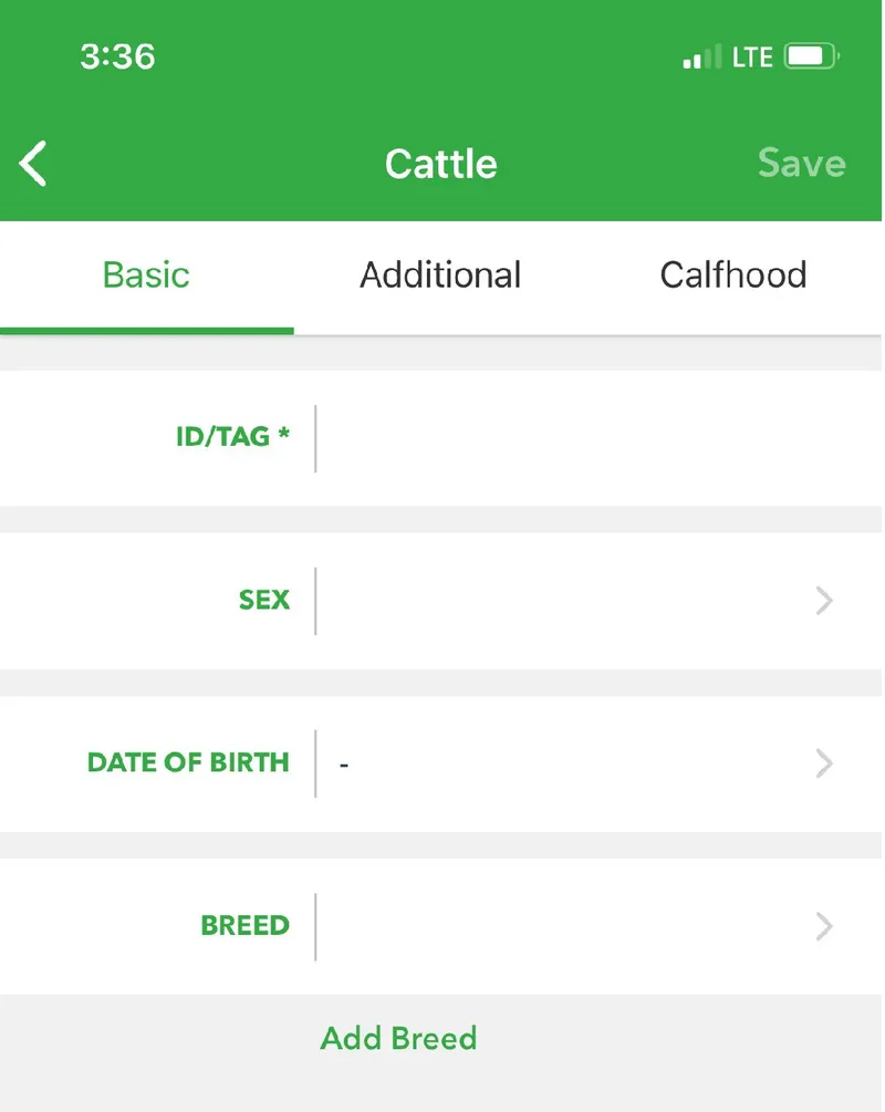 The new cattle form with Basic, Additional, and Calfhood tabs and fields for ID/Tag, sex, date of birth, and breed