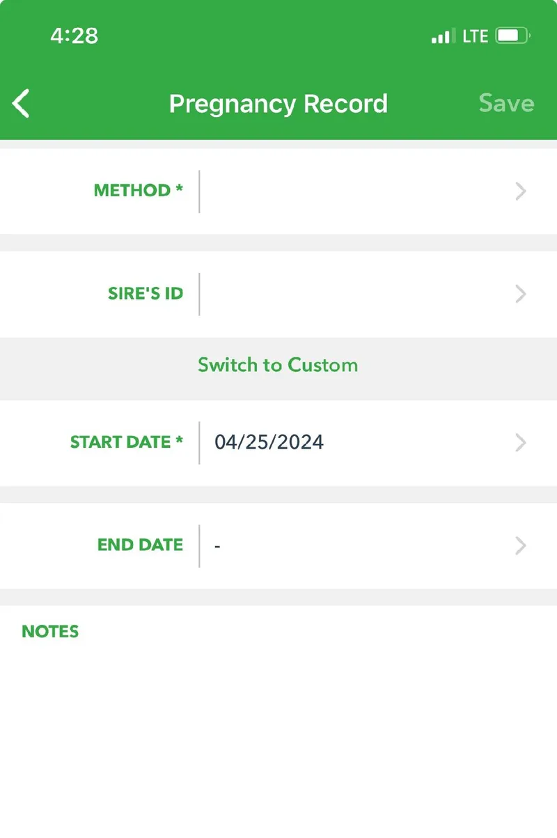 The Pregnancy Record form with fields for method, sire's ID, start date, end date, and notes