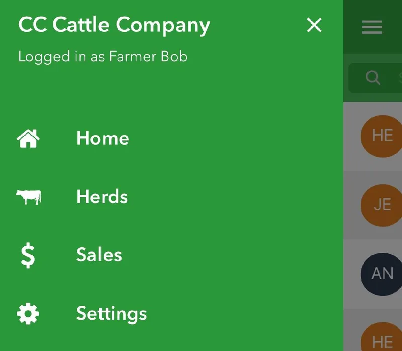 The Ranchr side menu with Home, Herds, Sales, and Settings