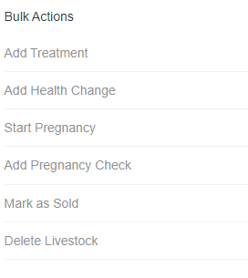 The Bulk Actions panel listing Add Treatment, Add Health Change, Start Pregnancy, Add Pregnancy Check, Mark as Sold, and Delete Livestock