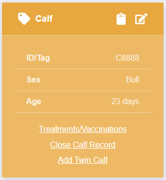 The Calf Tracker card showing calf C8888, a 23-day-old bull, with links for treatments, closing the record, and adding a twin