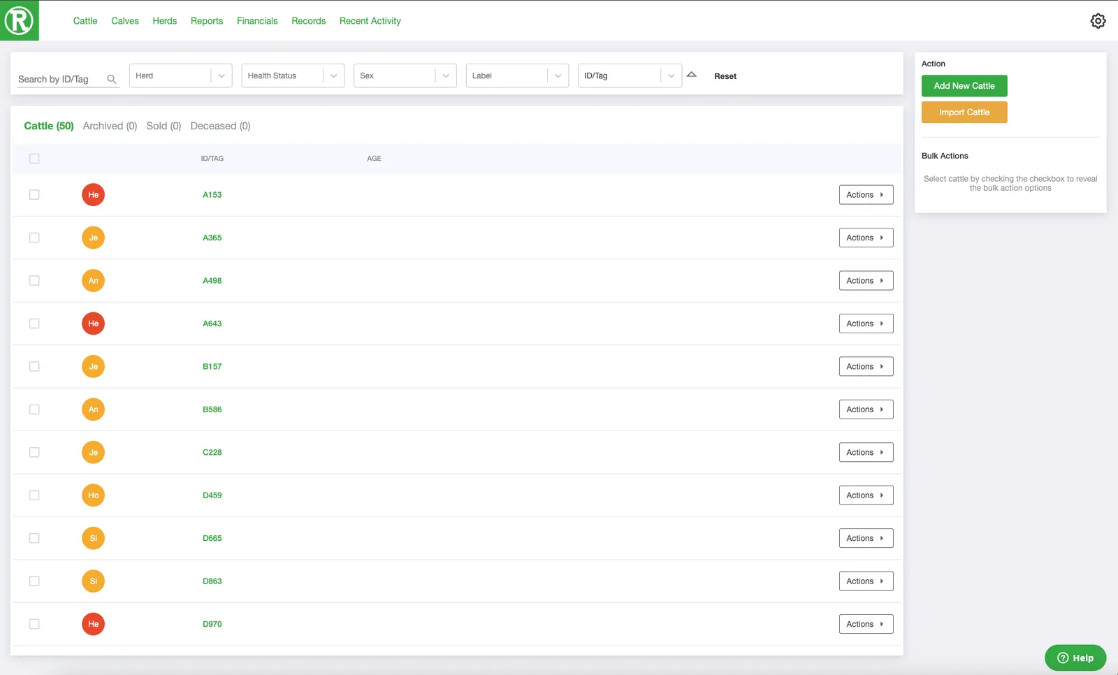 The Cattle page in the Ranchr web app. Each row is one animal with an Actions button on the right.