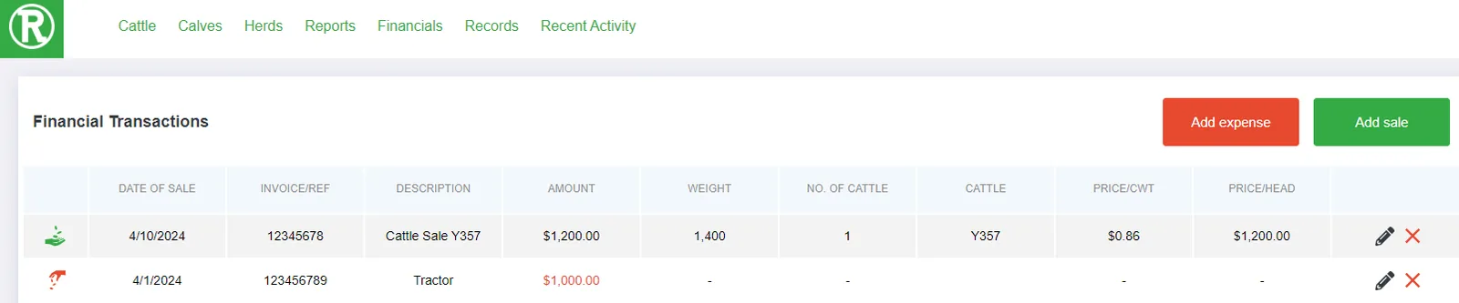 The Financial Transactions page in the Ranchr web app with Add Expense and Add Sale buttons