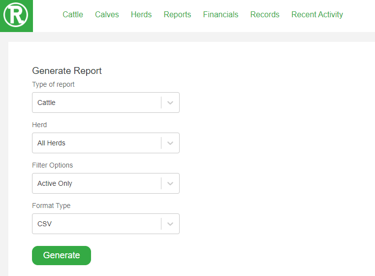 The Generate Report form with drop-downs for type of report, herd, filter options, and format type