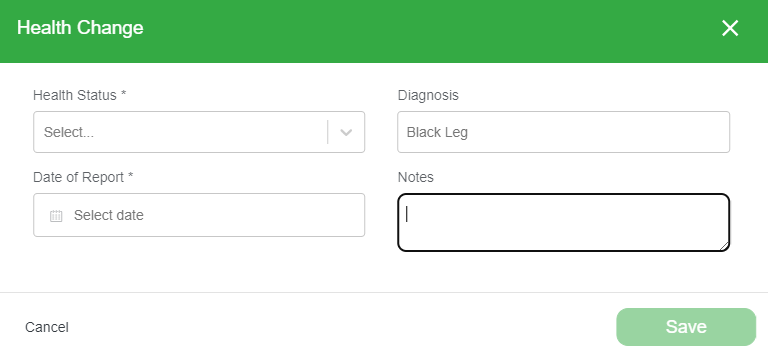 The Health Change form with fields for health status, diagnosis, date of report, and notes
