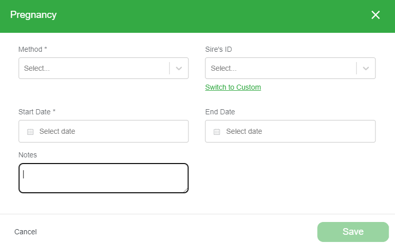 The Pregnancy form with fields for method, sire's ID, start date, end date, and notes
