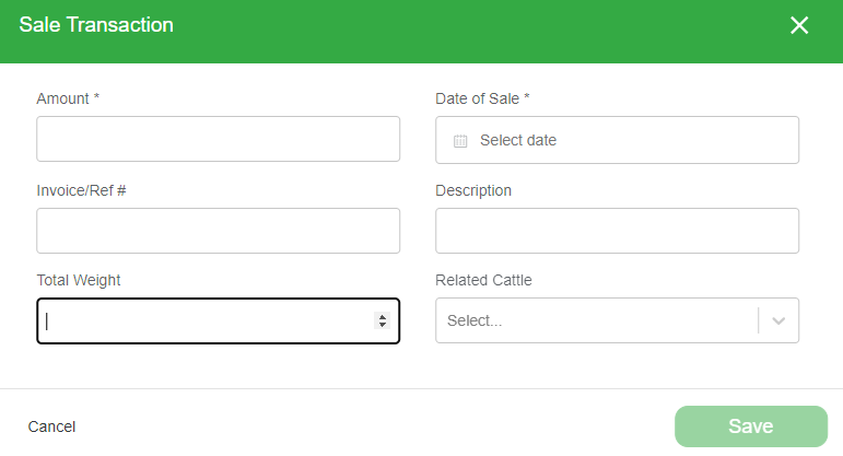 The Sale Transaction form with fields for amount, date of sale, invoice number, description, total weight, and related cattle