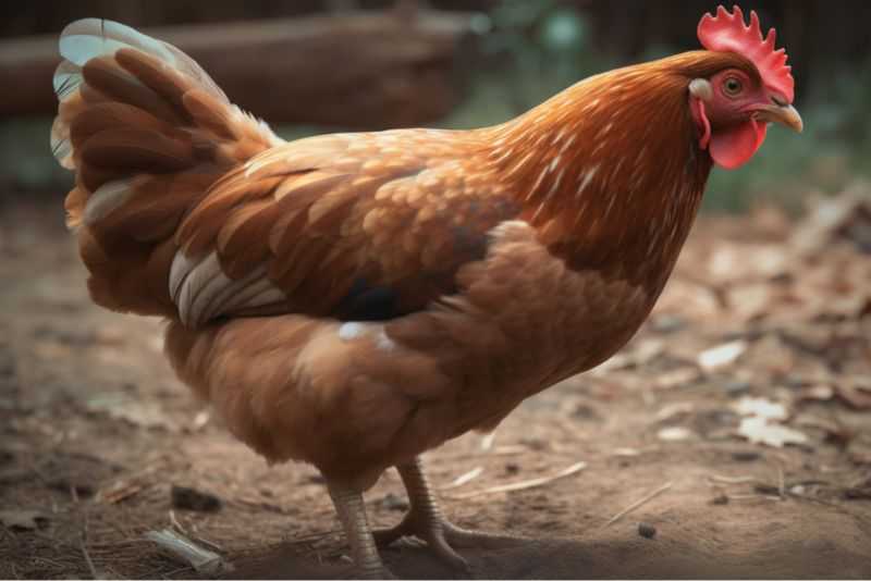 a cinnamon queen chicken facing right walking on dirt