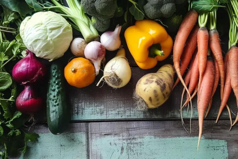 a variety of vegetables on a wooden table