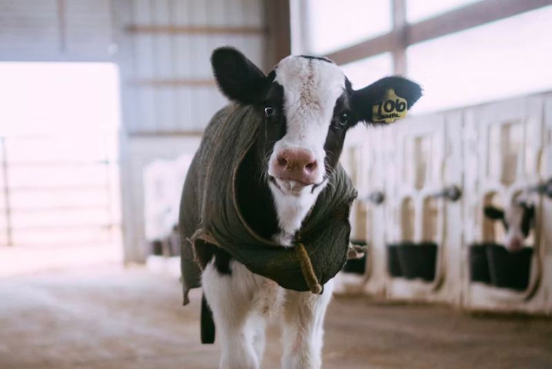 a young looking black and white cow inside a barn