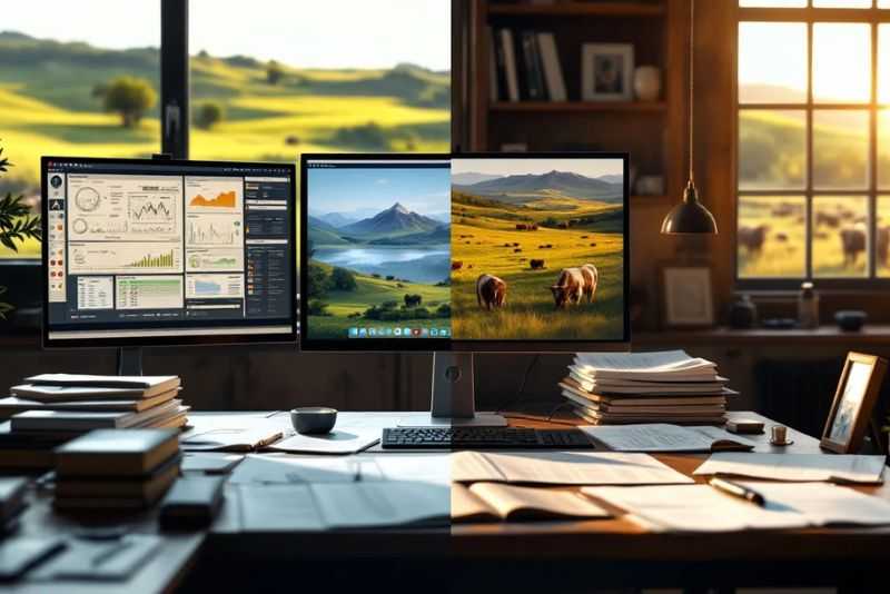 an image showing half of a modern office with a computer and analyses on the monitor versus a traditional office filled with paper and notebooks