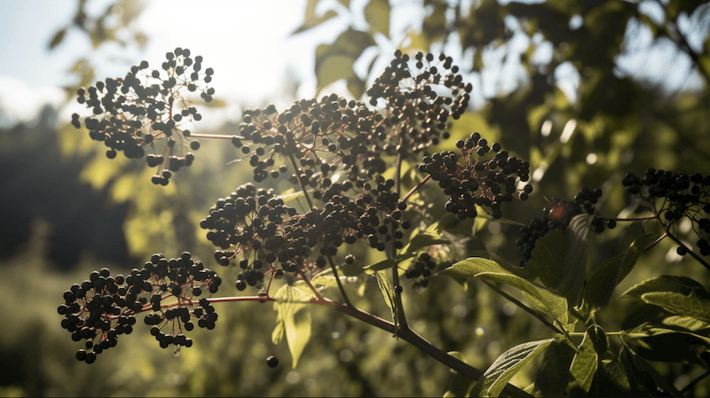 elderberries on a tree with the sun in the background