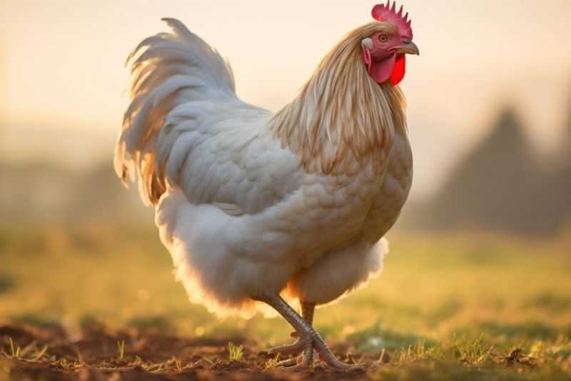 A tan buff orpington chicken walks on farmland looking to the right
