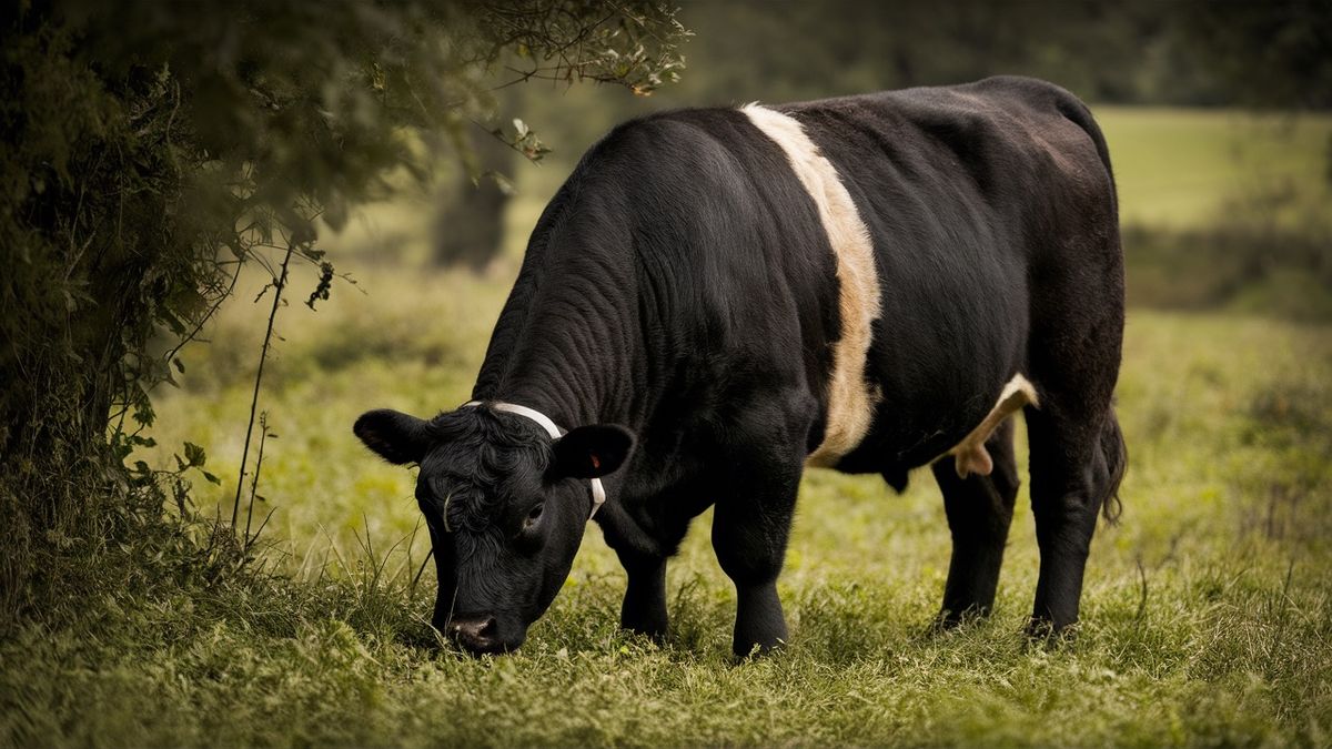 a black and white belted galloway foraging in the grass