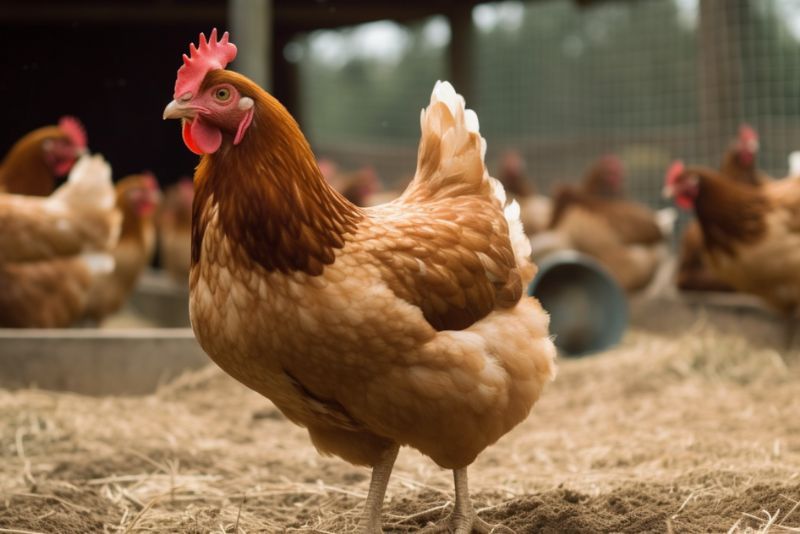 A cinnamon queen chicken looking afar with several more in the background