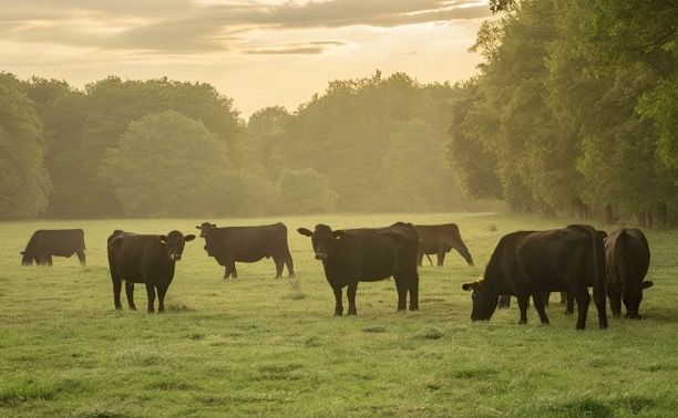 several black cows grazing during sunset on the green grass
