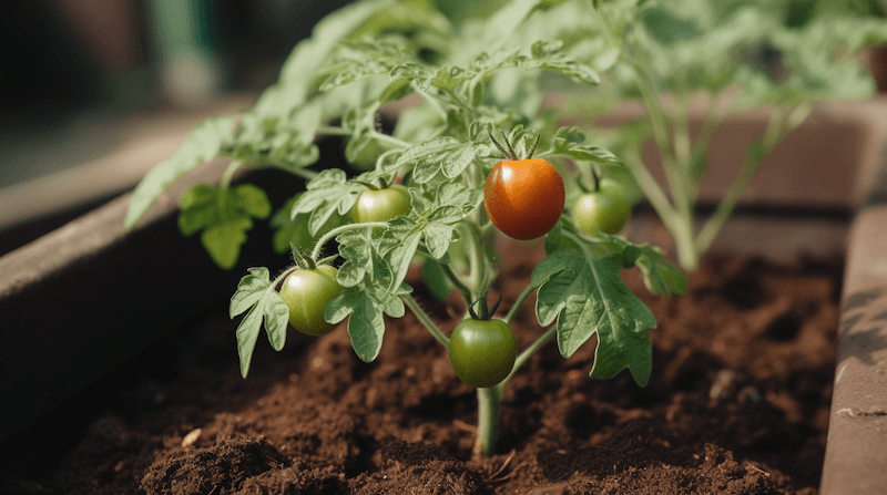 a tomato plant inside a planter