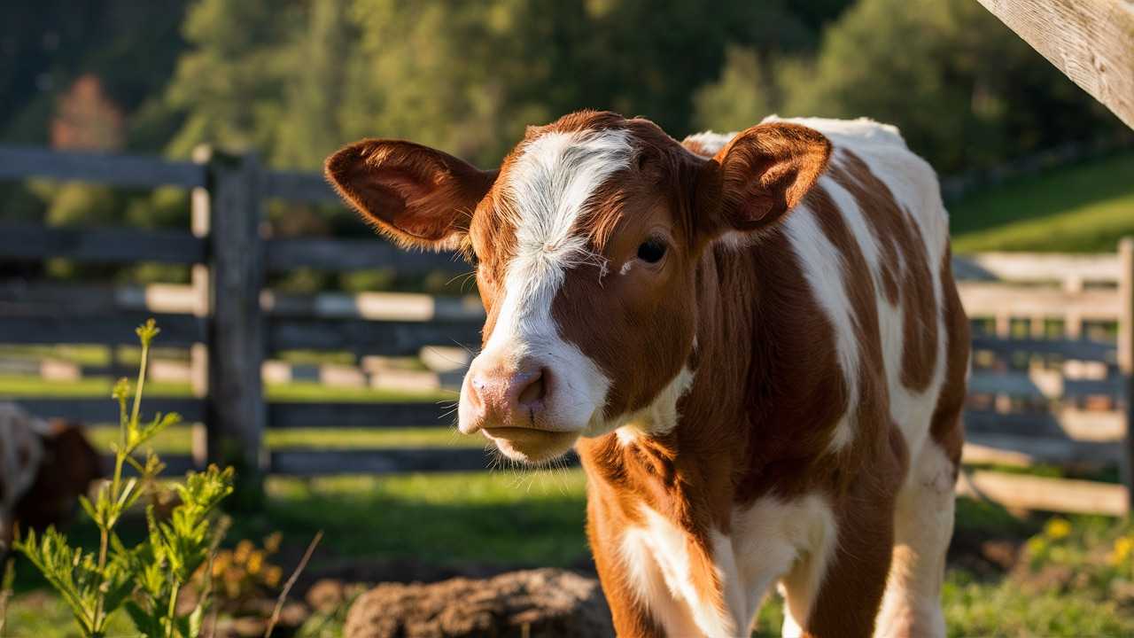 a brown and white miniature zebu cow standing outdoors