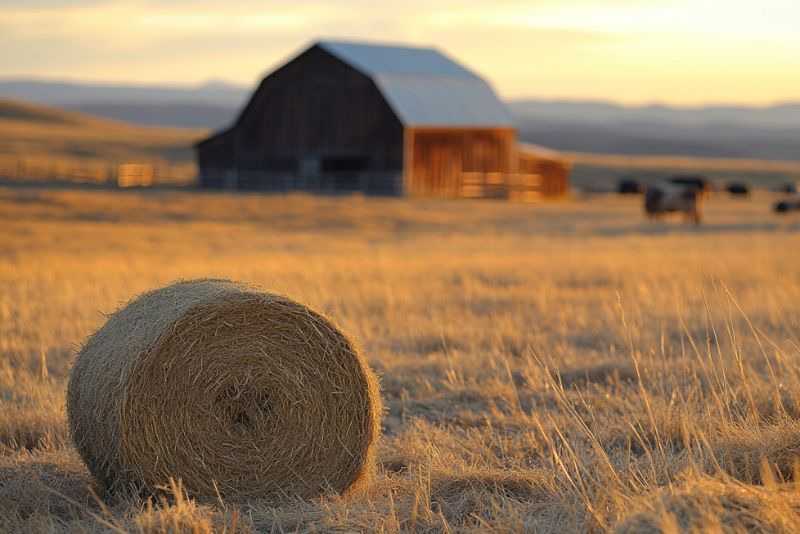 A round hay bale sits in a golden field, with a rustic barn in the background under a soft sunset.