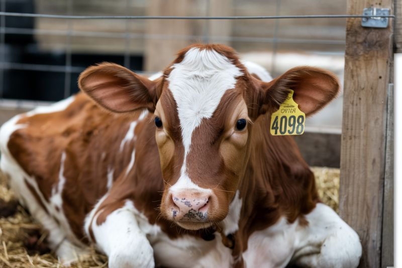 young brown and white cow lying down in a pen. The cow has a distinctive white patch on its forehead that resembles a heart shape. It has a yellow ear tag with the number '4098'