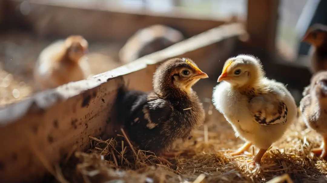 Two chicks in a small brooder looking at each other