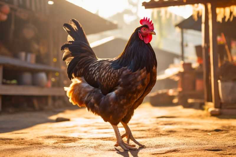 A black copper maran stands in front of a barn in the natural light