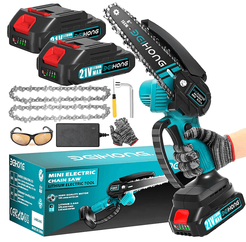 Product image of a blue and black mini chainsaw next to its accessories
