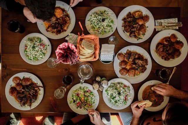 overhead photo of a family having dinner together