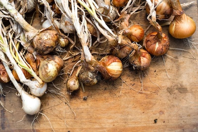 several onions in a pile on a chopping board