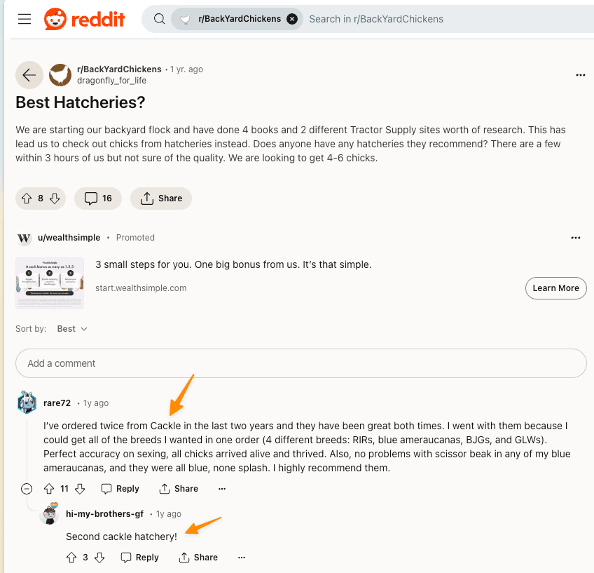 reddit forum users showing support for the Cackle hatchery