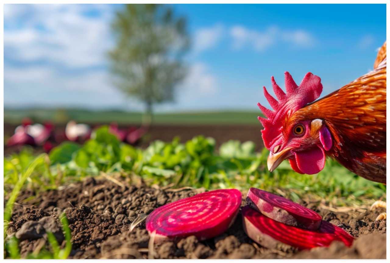 a chicken considering eating sliced beets