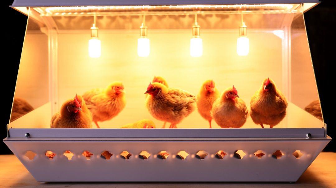 several chickens inside a brooder with small heatlamps