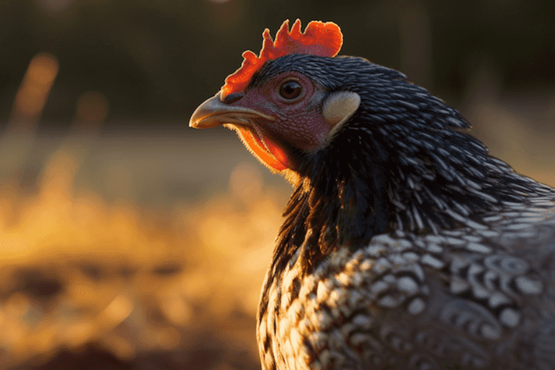 a sapphire gem chicken during sunset looking afar