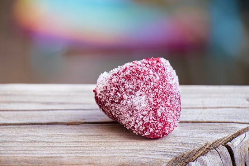 A single frozen strawberry on a piece of wood