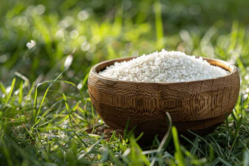 a wooden bowl of chicken grit on the grass on a sunny day