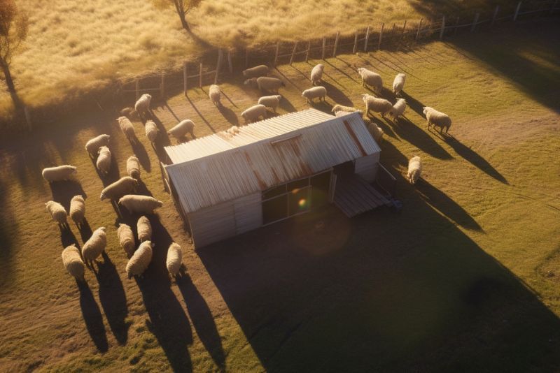 top down image of several sheep surrounding their shelter