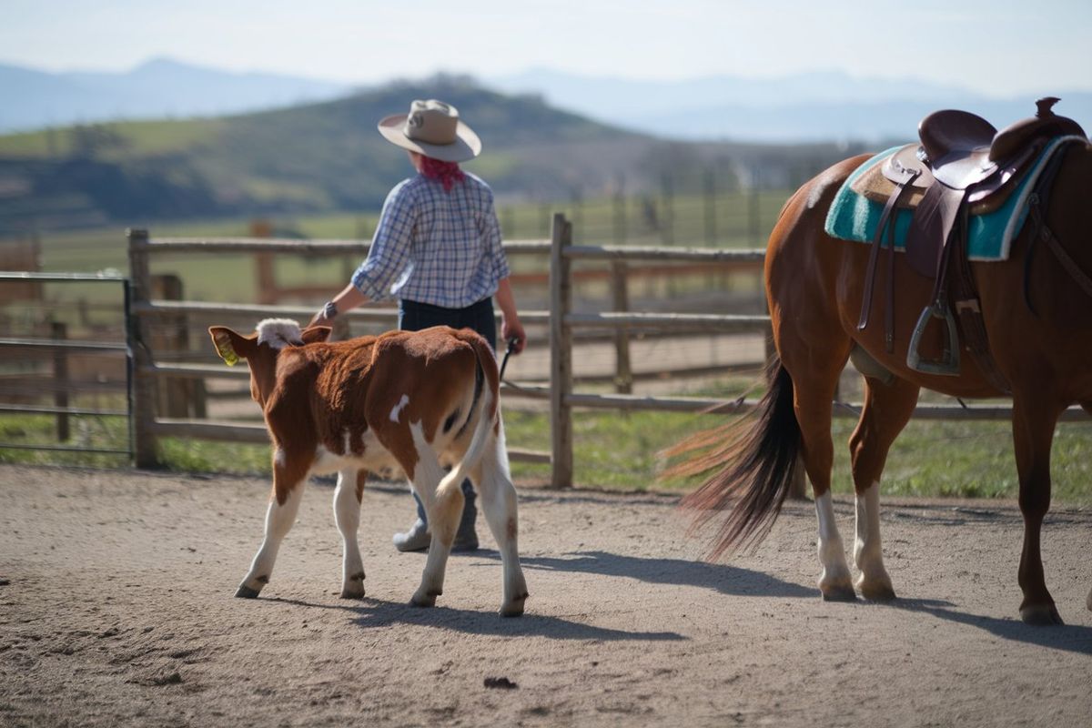 A rustic countryside setting, where a person, wearing a hat and a checkered shirt, is guiding a young calf along a path