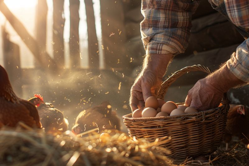 farmer picking eggs in chicken coop