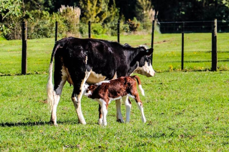 a brown baby calf nursing on the green grass
